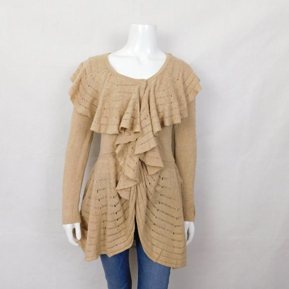 Anthropologie Sweaters - Anthropologie Leifnotes Tan Ruffle Cardigan Wool